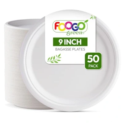 Image of FOOGO Green 50 Disposable Sugarcane Bagasse Plates, 9 inch (23 cm), Large Round Sturdy Paper Eco Friendly Biodegradable, Compostable Plates for Hot Food, Picnic Party
