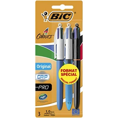 Image of BIC 4 Colours Original Pens Variety Pack of 3 Includes Original, Grip and Pro Colour with 1.0 mm Tip,Blue,Green,Red,Black(packaging may vary)