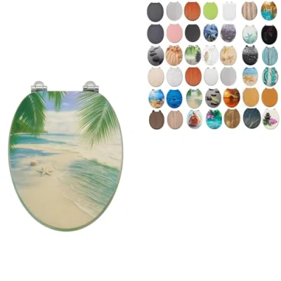 Image of 18&quot; MDF Toilet SEAT Universal Adjustable Fit Most Toilets Oval Seat┃Bathroom Standard Wooden WC +Fittings (Tropical Beach)