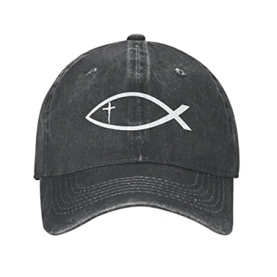 Image of 690 Baseball Cap Jesus Fish Denim Dad Hat Unisex Flatbrim Snapback Vintage Trucker for Outdoor Sports Camping Travel