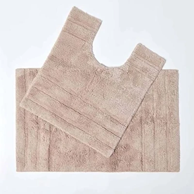 Image of HOMESCAPES Spa Supreme Luxury Bath Mat &amp; Pedestal Set, Stone, Beige, Very Heavy 1800 GSM, Super Soft Plush Cotton Rug, 50x80cm, 50x55cm, Washable at Home