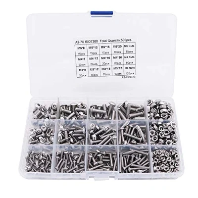 Image of Box 500Pcs NUZAMAS M3 M4 M5 304 Stainless Steel Machine Screws and Nuts Kit, Button Head, Hex Socket Bolts Fasteners Assortment Set, Keys