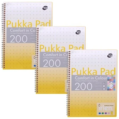 Image of Pukka Pad, Irlen Jotta Pad A4 Notebook 3 Pack Wire Bound Notepad 200 Pages of 80GSM Coloured FSC Certified Lined Paper Designed for Visual Perception Difficulties 29.7 x 23cm, Gold