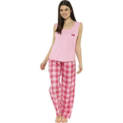 Image of Evotex Trading Ladies/Womens Ruffle Sleeveless Top Check Pyjamas Pyjama PJ Set Pink Size 16/18