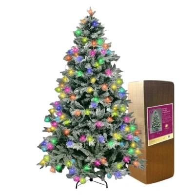 Image of SHATCHI Pre Lit Artificial Christmas Tree Lapland Fir LED Lights, Snow Flocked PE/PVC Tips, Snowy Bushy Hinged Branches, Metal Stand for Xmas Home Decorations, Multicolour, 240cm