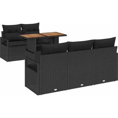 Image of vidaXL 6 Piece Garden Sofa Set with Cushions Black Poly Rattan Acacia