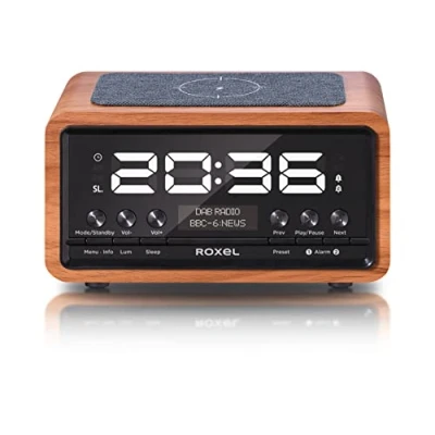 Image of Roxel Nod Bedside Radio, DAB/DAB+ &amp; FM Alarm Clock, Wireless Phone Charging, Large Digit Display, Dual Clock with Streaming (Walnut)