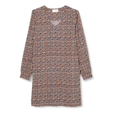Image of Cream Women&#039;s Dress V Neck Relaxed Fit Printed Long Sleeves Above Knee Length, Geo Gibratar Sea, 12