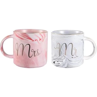Image of Set of 2 Mr and Mrs Couples Coffee Mugs, Ceramic Marble Cups Bridal Shower Engagement Wedding Anniversary Valentines Gifts for Couples, Pink Gray