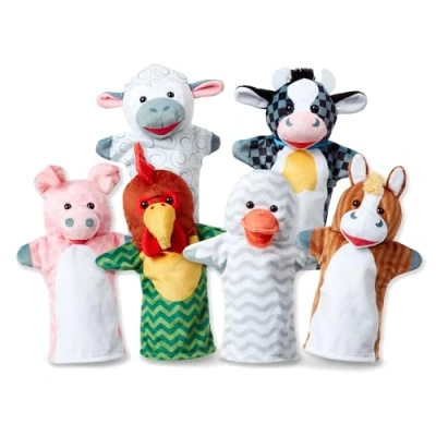 Image of Melissa &amp; Doug Barn Buddies Hand Puppets, Set of 6 (Cow, Sheep, Horse, Duck, Chicken, Pig)