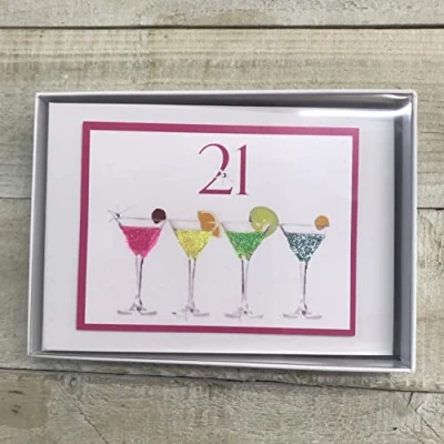 Image of 21ST Birthday. Special Occasion. Tiny Photo Album. NEON Cocktail Glasses Design. Hand Finished by WHITE COTTON CARDS (NC21T)