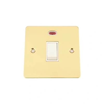 Image of 20A Double Pole Switch Polished Mirror Brass Flat White Insert Plastic DP Water Heater with Neon Indicator