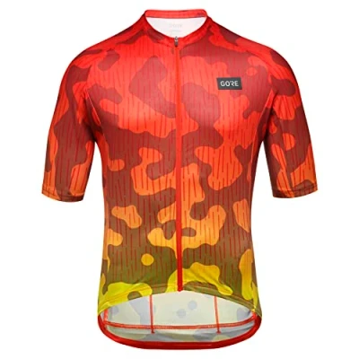 Image of GORE WEAR Men&#039;s Breathable Cycling Jersey, Rain Camo, Fast Moisture Wicking, With Pockets, Short Sleeve Shirt, Fireball, S