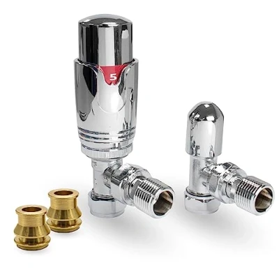 Image of Thermostatic TRV Angled Chrome Radiator Valves 1/2&quot; x 15mm with Brass Reducer Compression Valve to 10mm