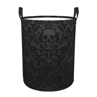 Image of Gothic Wallpaper Skull Print Circular Laundry Hamper With Rope Handle Collapsible Waterproof Basket For Kids Toys Room, Bedroom, Living Gift Dirty Clothes Organizer Storage