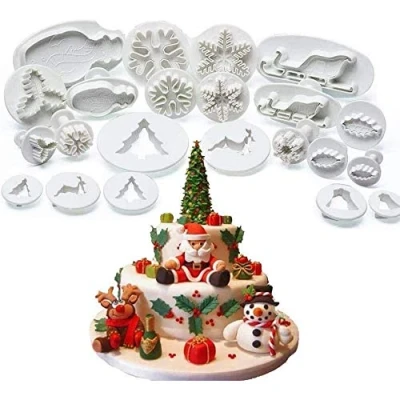 Image of 22 Pieces Christmas Cookie Cutters Plunger Tree Reindeer Snowflake Snowman Sleigh Fondant Moulds Xmas Cupcake Cake Decorations Mould Spring Embossing Cutting Biscuit Baking Mold Sugarcraft