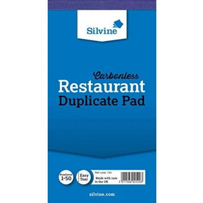 Image of Silvine Carbonless Duplicate Restaurant Pad Numbered 1 50 with index sheet (150 x 80mm)
