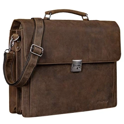 Image of STILORD &#039;Johann&#039; Classic Leather Briefcase with 15.6 inches Laptop Compartment Portfolio Men &amp; Women Design Satchel Business Work Bag Leather, Colour:Missouri Brown