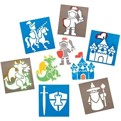 Image of Baker Ross FE290 Knight Stencils Pack of 8, Plastic for Children, Art Set Kids to Create and Design Themed Books, Cards Pictures