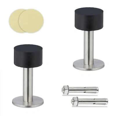 Image of Relaxdays 2x Door Stoppers, Self Adhesive or for Screwing, Stainless Steel &amp; Rubber, Floor Wall Buffer, Black/Silver