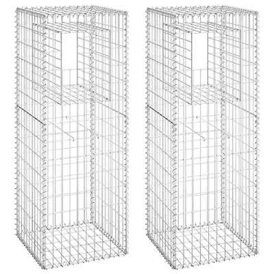 Image of vidaXL Gabion Basket Posts, 2pcs, Silver, Made of Iron, Rust Proof, Weather Stable and Durable, Ideal for Outdoor Decor, Dimensions 50x50x140 cm