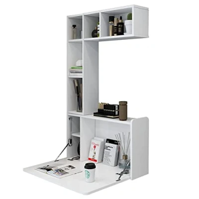 Image of Pmnianhua Folding Wall Mounted Drop Leaf Table, Table Makeup Vanity Desk with Large Storage Shelves, Multifunctional Computer Workstation Laptop in Home for Space Saving (White)