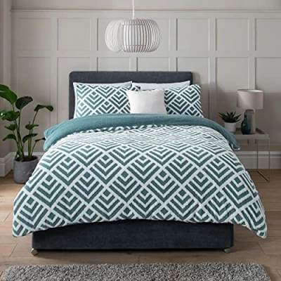 Image of Sleepdown Geo Jacquard Fleece Thermal Warm Cosy Super Soft Duvet Cover Quilt Bedding Set with Pillow Case Teal White Single (135 cm x 200 cm)