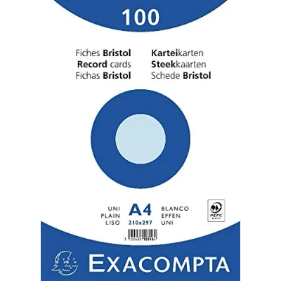 Image of Exacompta Ref 10316E Bristol Plain Record Cards (Pack of 100) A4 in Size, 205gsm Card, Compatible with Printers Suitable for Exam Revision &amp; Notes Blue