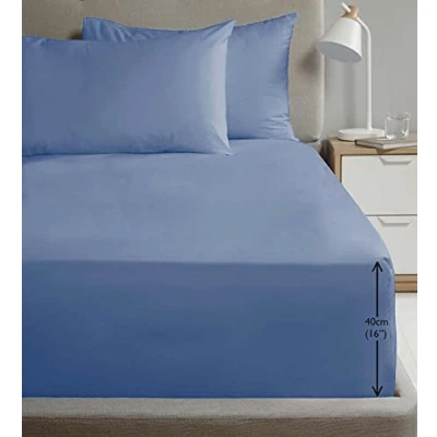 Image of Rapport Home Super King Size Fitted Sheet Extra Deep 40cm Depth Blue Soft Easy Care Non Iron Percale Bed 16 inch Pocket