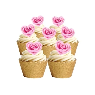 Image of 15 Precut Valentines Day Pink Rose Heart Shaped Edible Wafer paper Cake Toppers Decorations