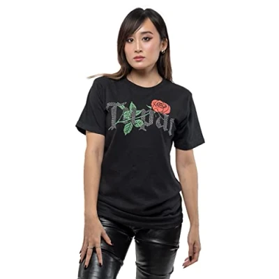 Image of Paradiso Clothing Tupac Diamante ROSE Print Tshirt, Women&#039;s, Size: Small, Black