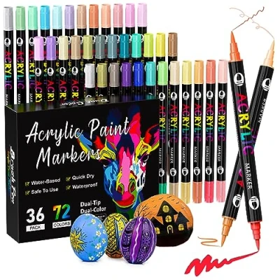 Image of Patamiyar Acrylic Paint Pens for Rock Painting, 72Colours Dual Tip Markers Water based Stone,Glass,Ceramic,Canvas,Paper,Wood