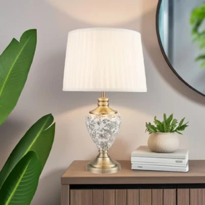 Image of Lighting Supermarket Hepburn Large Printed Ceramic Table Lamp with Cream Pleated Shade Gold Print &amp; Brass