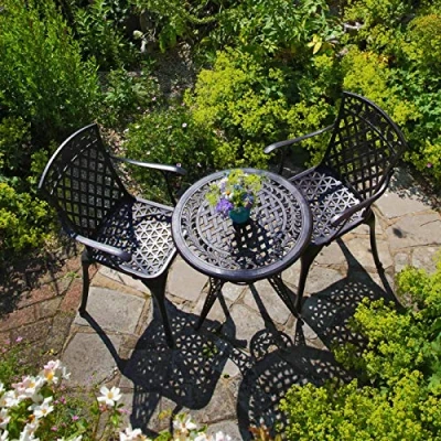 Image of Lazy Susan Ivy Round Garden Table in Antique Bronze with 2 Rose Chairs Cast Aluminium Weatherproof 3 Year Guarantee