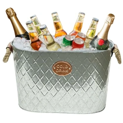 Image of Elex 2 x 4L Glass Drinks Dispenser with Taps and Metal Stand 24L Cold GALVANISED Steel Oval Tub Outdoor ICE Bucket Cooler Beverage Beer Drink Pail Cocktails Parties (24L Tub)