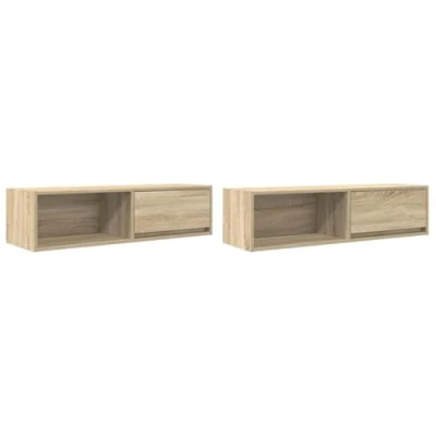 Image of vidaXL TV Cabinets Set 2pc Sonoma Oak 100cm Wall Mounted Engineered Wood Storage Unit with Drawer and Shelf Modern Stand Sideboard for Living Room