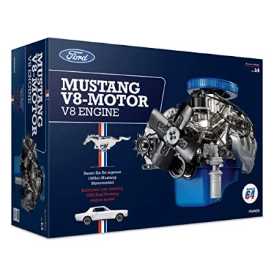 Image of Franzis 67501 Ford Mustang V8 Engine 1:4 Scale Kit with Sound Module, Instructions and 100 Page Accompaniment Book