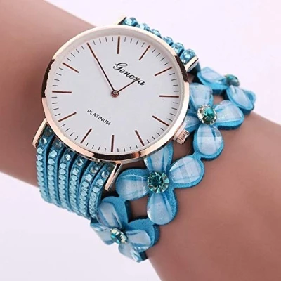Image of YLSB AYSMG Women Round Dial Flower Diamond Studs Bracelet Watch(Black) (Color : Light Blue)