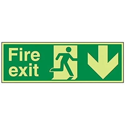 Image of V Safety Glow In The Dark Fire Exit Arrow Down Sign 600mm x 200mm Rigid Plastic