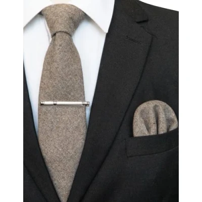 Image of JEMYGINS Cashmere Wool Tie and Pocket Square Clip Sets for Men, Brown without stripes, M