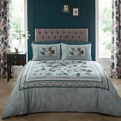 Image of Appletree Teal Blue Birds &amp; Floral Duvet Cover Sets King Bedding Size (230 x 220cm) Botanical Vintage Luxury (Sateen Cotton) Windsford Collection