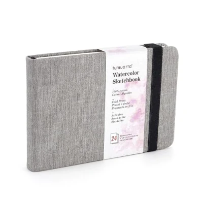 Image of tumuarta Watercolor Sketchbook, 10x15 CM, 300 GSM, 100% Cotton Paper, Cold Press, 24 Sheets, 48 Pages, Journal for Use As Travel Sketch Book and Mixed Media Pad On The Go. (Grey)