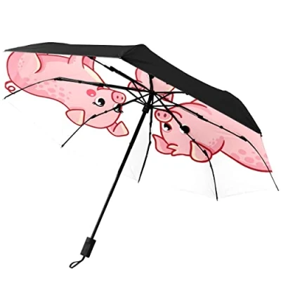 Image of GISPOG Automatic Folding Umbrella, Cartoon Pig Waterproof Compact Sun and Rain Travel Umbrellas