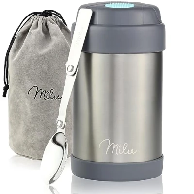 Image of Milu® Thermo Food Flask 300, 440, 450, 650, 800ml Stainless Steel Insulated Container Lunchbox Jar with Spoon for hot and Cold (Grey, 440ml)