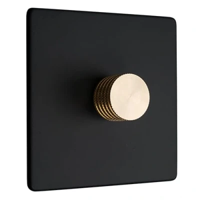 Image of Dowsing &amp; Reynolds Single LED Dimmer Light Switch 1 gang 2 way 5 150W Matt Black with Brass Knobs