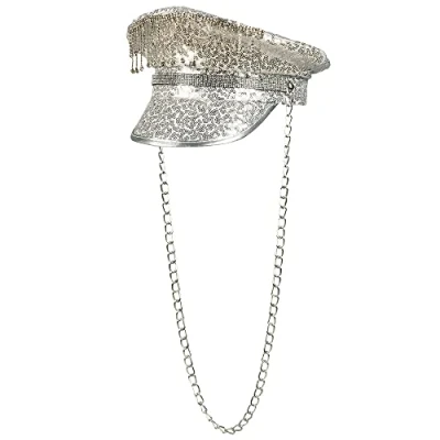 Image of Boland 33022 Dusty Delight Hat, Silver, with Sequins and Link Chain, Rock Star, Punk Lady, Costume, Carnival, Theme Party