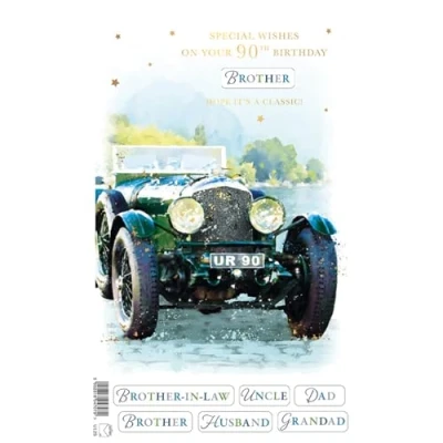 Image of Words &#039;n&#039; Wishes Male Age 90 Milestone Birthday Card Special 90th Vintage Car with Gold Foil Finish &amp; Personalised Recipient Stickers Eco Friendly