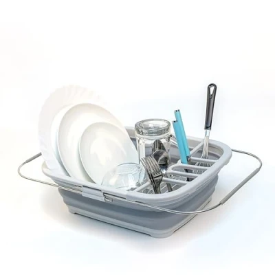Image of SAMMART 8L Expandable Collapsible Dish Drainer Foldable Drying Rack Portable Dinnerware Organizer Space Saving Kitchen Storage Tray (Grey, 1)