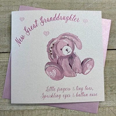 Image of WHITE COTTON CARDS NEW GREAT GRANDDAUGHTER PINK BUNNY BABY CARD, HAND FINISHED (D78 GGD)