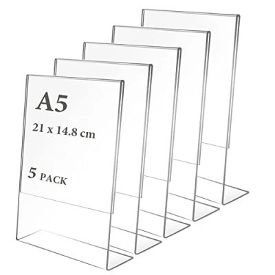 Image of CYH A5 Acrylic Sign Holder, 5 Pcs Poster Menu Clear Plastic Display Holders, L Shape Perspex Leaflet Table Stands for Restaurant Store Hotel Office Stall Exhibition
